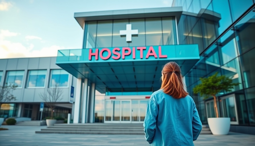 Modern hospital entrance with a woman outside in daylight.