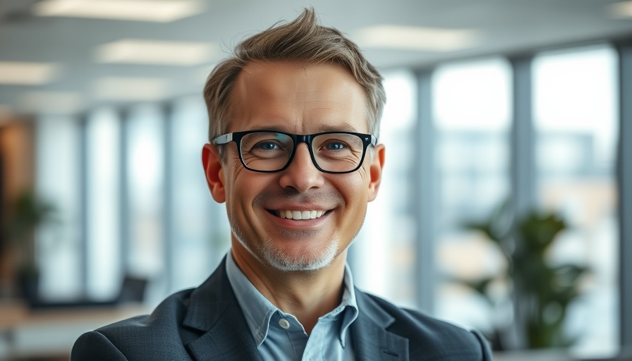 Professional man smiling in an office setting.