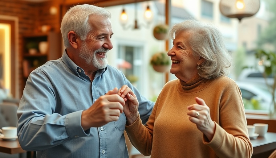 Elderly couple dancing joyfully in a café promoting brain health for seniors.