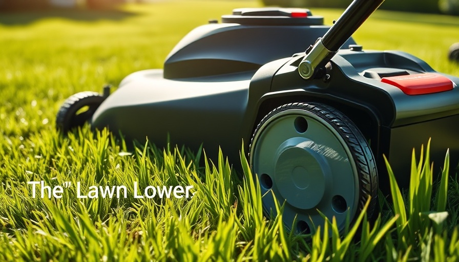 Modern lawnmower on a green lawn with text overlay about lawn care.