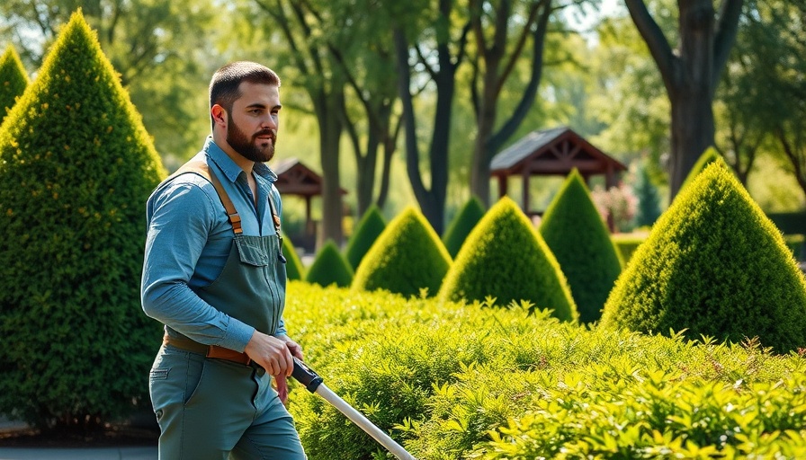 Professional lawn care expert trimming park greenery.