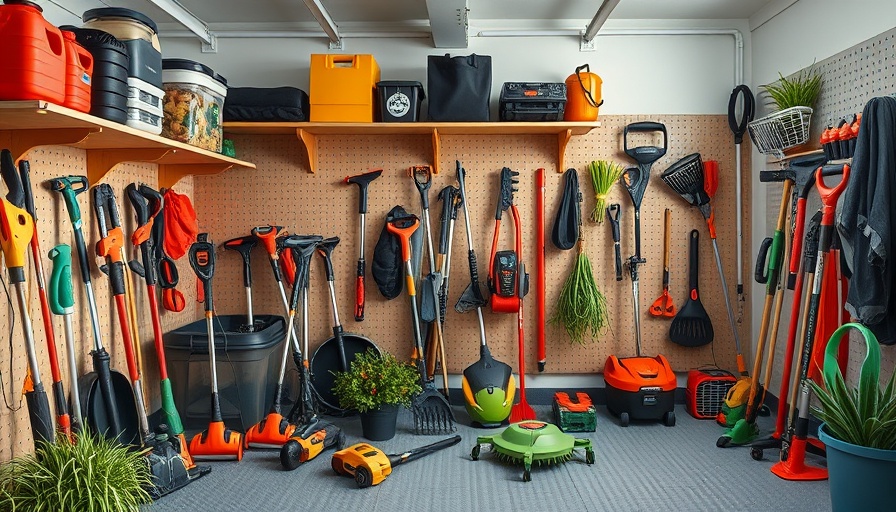 Organized garage with electric garden tools showcasing benefits.