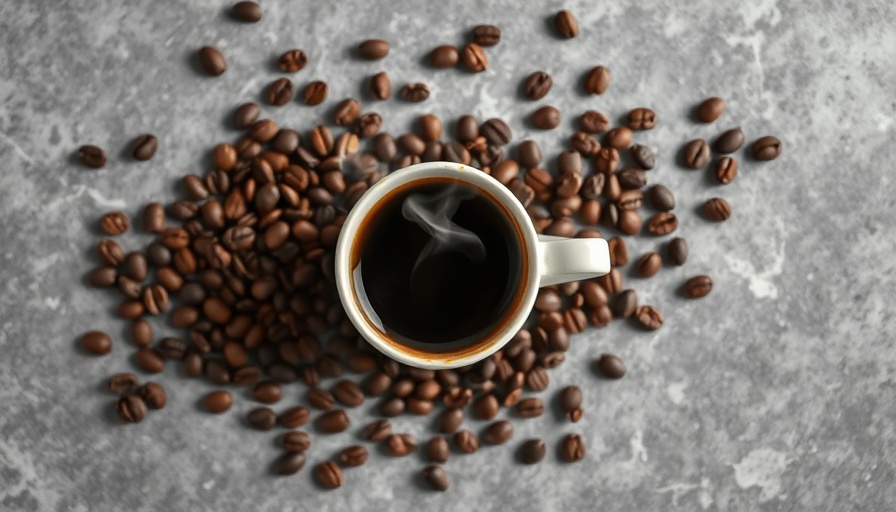 Coffee cup surrounded by beans on a gray surface, illustrating coffee enema safety.