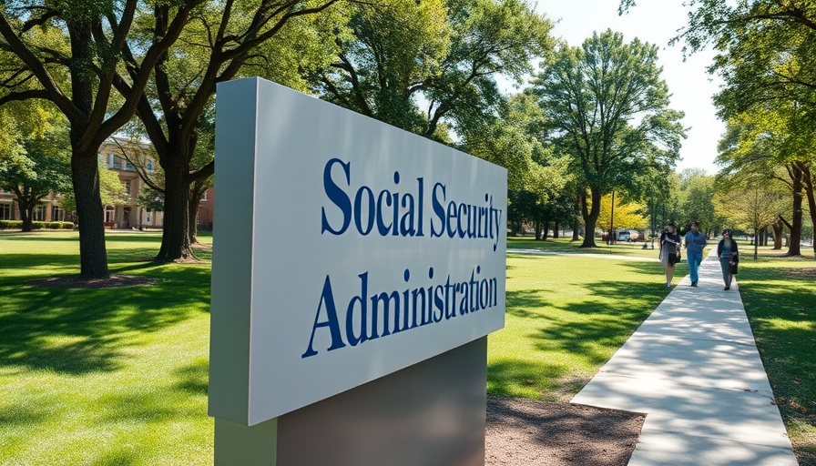Social Security Administration sign with people walking nearby.