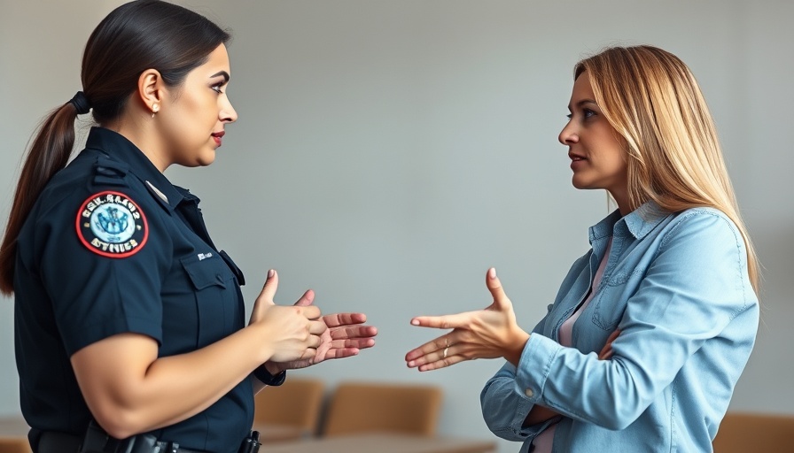 Female police officer instructing personal safety training nearby.