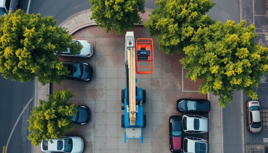 Aerial view of construction site and parked cars with lift vehicle.