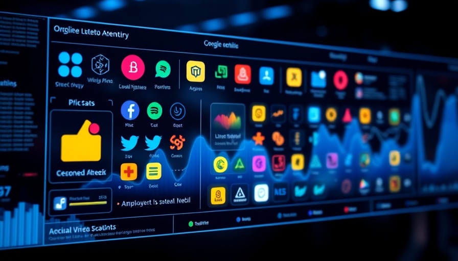 Futuristic digital interface with graphs and social icons.
