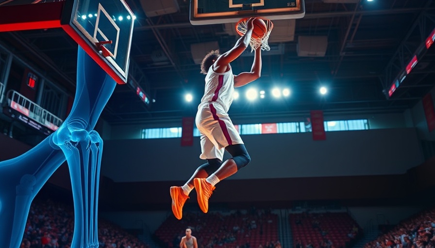 Dynamic scene with basketball player dunking and knee X-ray; preventative martial arts drills.