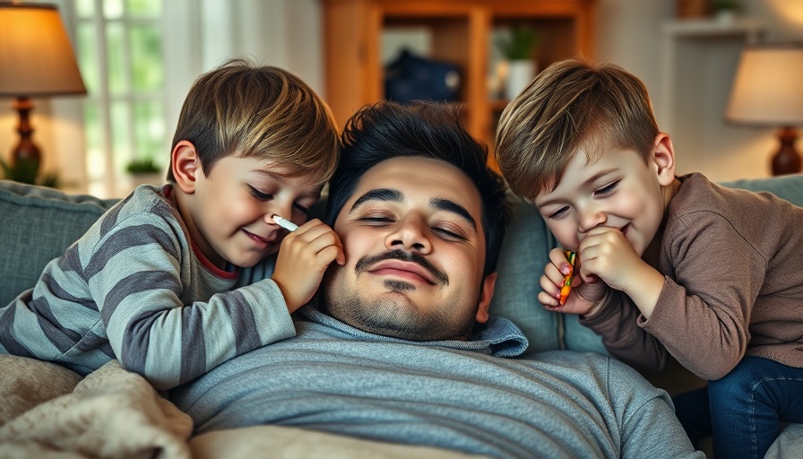 Young kids prank their sleeping father by doodling, showcasing humor.
