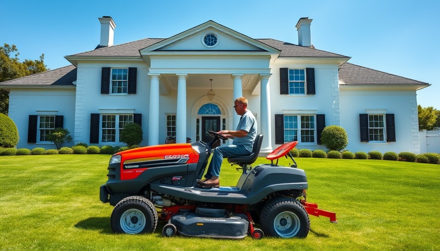 Lawn care in Shelby MI: man mowing grass with ride-on mower in front of house.