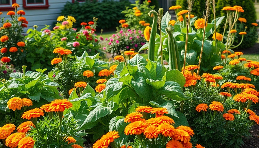 Suburban vegetable gardens with lush greenery and marigolds.