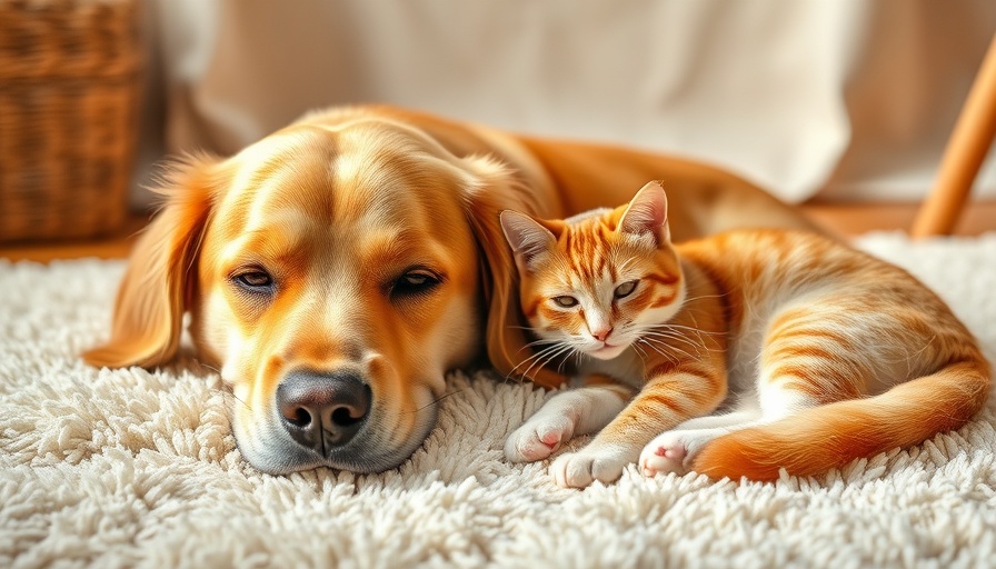 Golden retriever and cat resting together, pets and brain health in seniors.