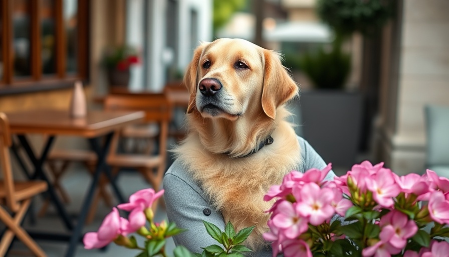 Golden retriever enjoying a moment with owner at a cafe, caring for senior pets.