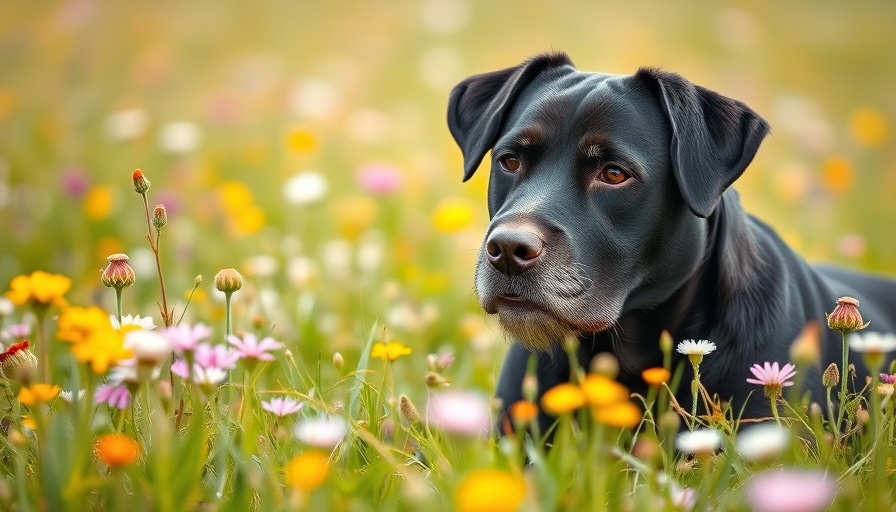 Older dog relaxing in wildflower meadow, symbolizing managing eyesight decline in aging pets.