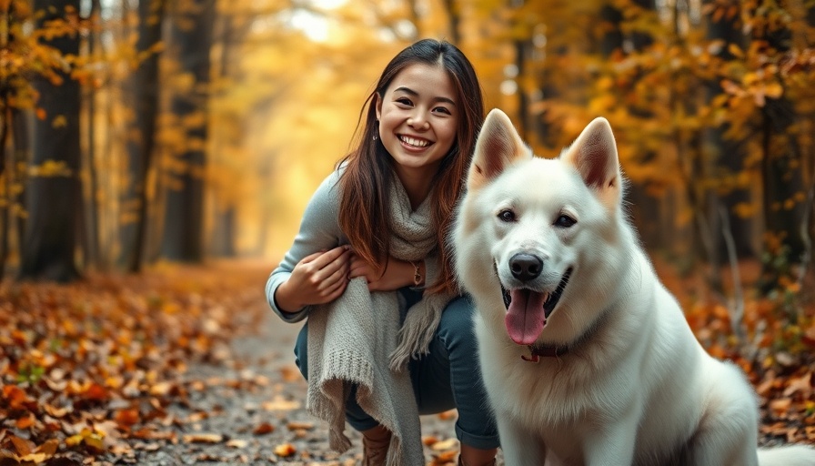 Woman with white dog in autumn forest, highlighting dog longevity pill benefits.