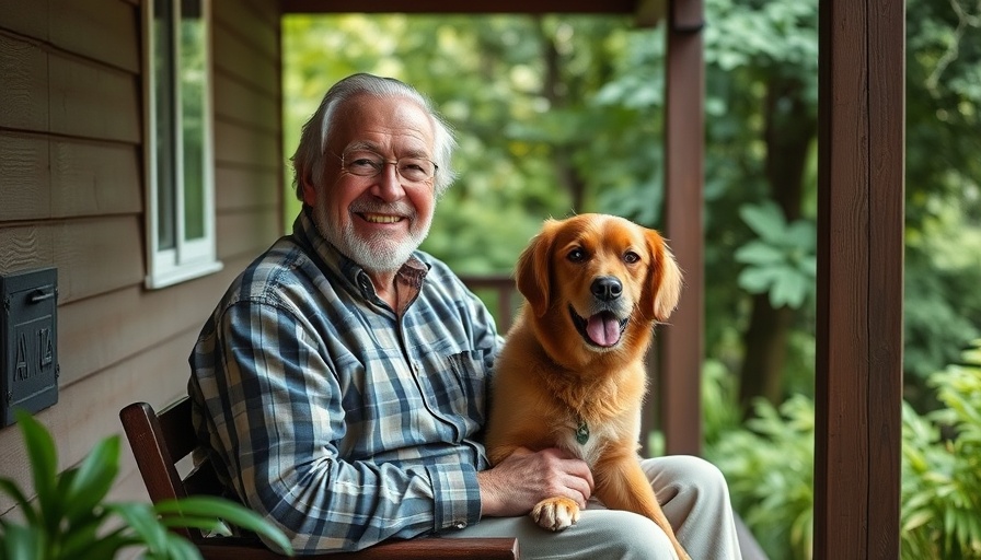 Elderly man with dog on porch, highlighting aging with pets.