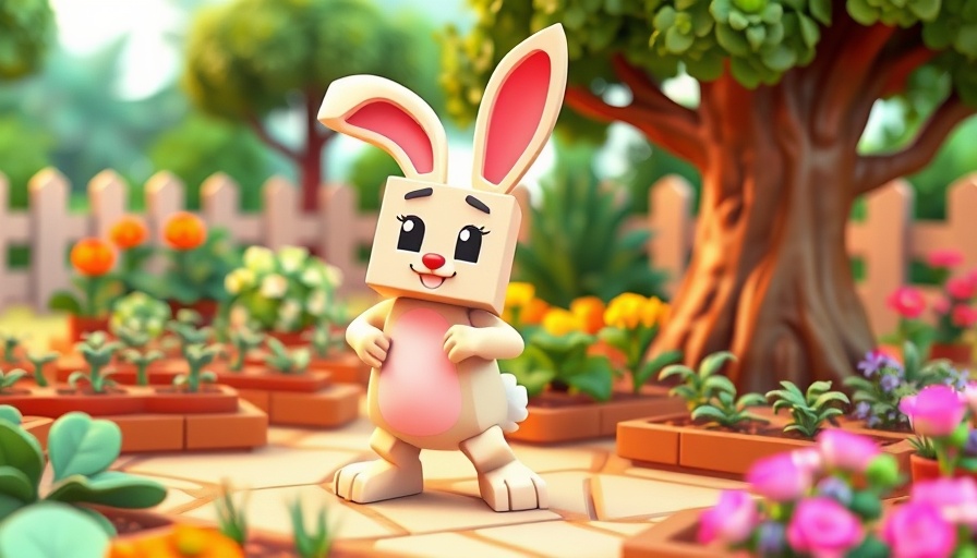 Blocky rabbit character in animated garden, Grow a Garden pets eggs.