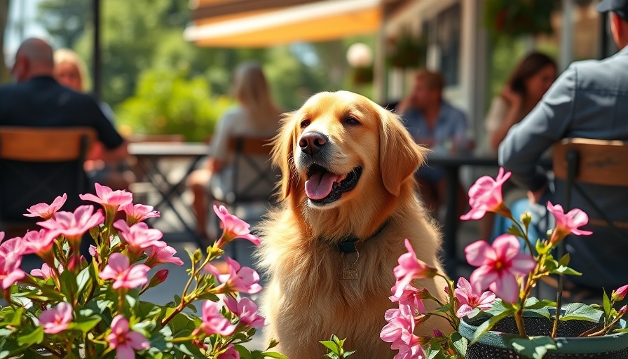 Golden retriever sitting with people outside, vibrant flowers in focus.