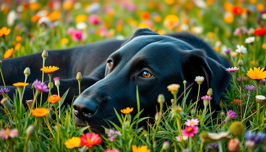 Older pet resting in wildflowers, eyesight decline management.