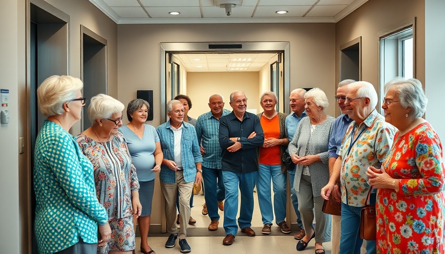 Seniors exiting elevator at senior center project.