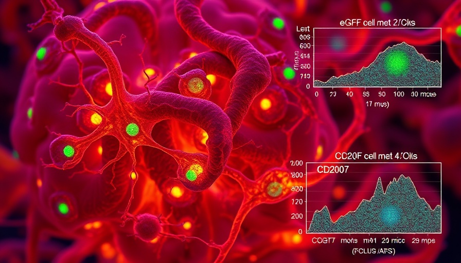 Microscopic view of brain cells with eGFP and graphs, highlighting vascular areas in Alzheimer's research.