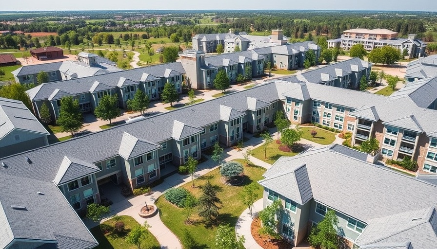 Aerial view of modern senior living community complex surrounded by greenery.