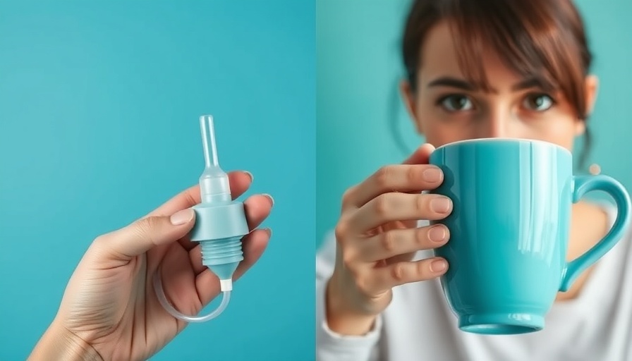 Coffee enema trend health concerns depicted with enema bulb and coffee mug.