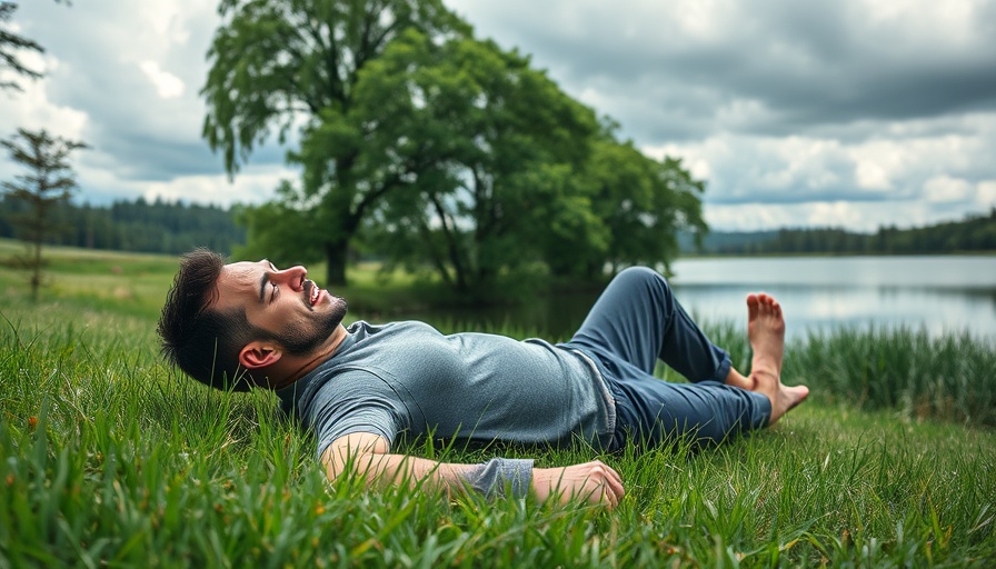 Man relaxing on grass by lake, exploring peace on Tao Lin autism journey.