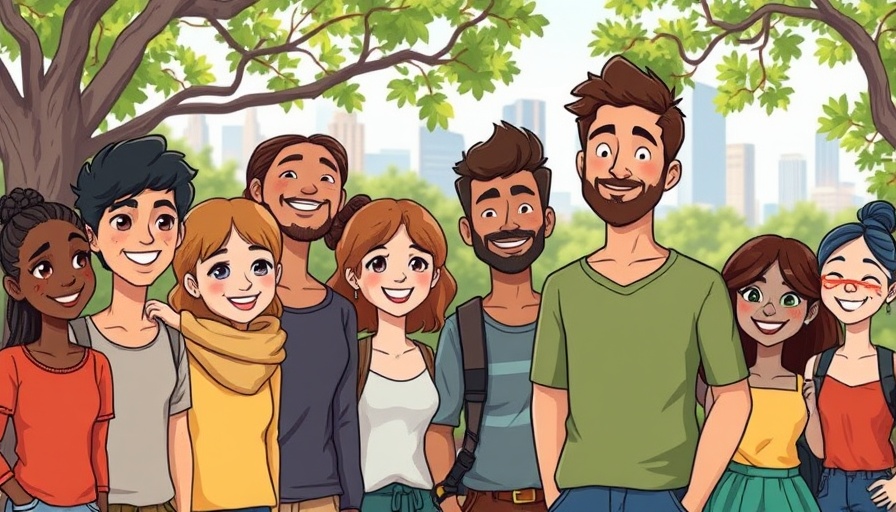 Diverse group cartoon in park, smiling, Autism Awareness Muskegon.