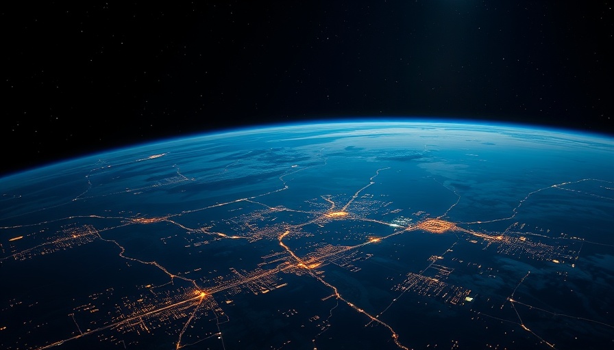 Earth from space with glowing city lights and cosmic background.