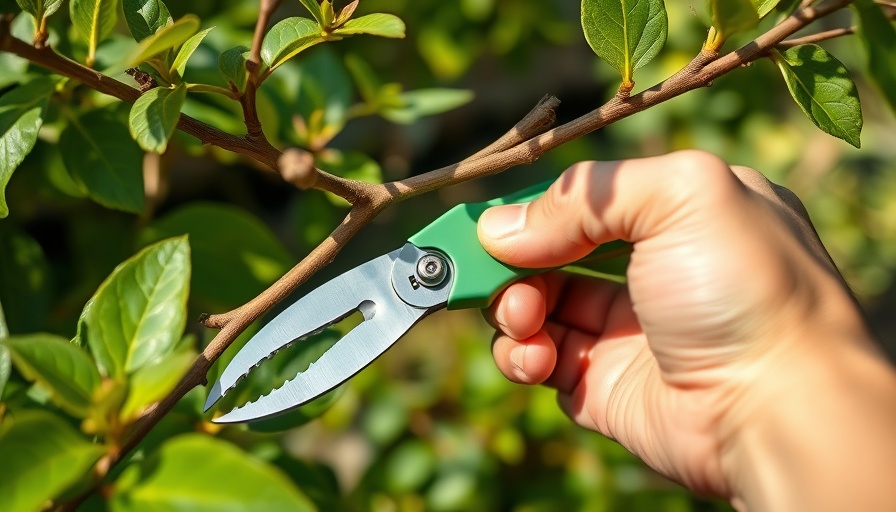 Pruning tree branch with green-handled pruner, root-focused tree care concept.