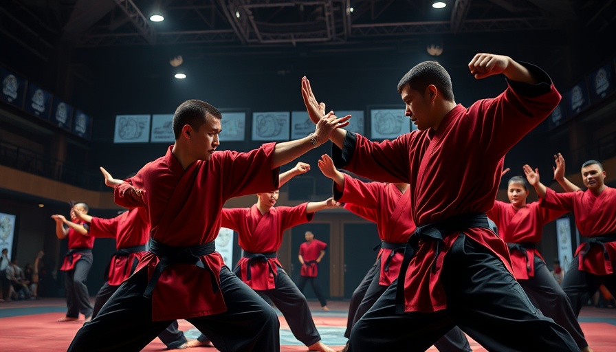 Martial artists in colorful uniforms performing silat in an arena, related to pencak silat classes Gurnee.