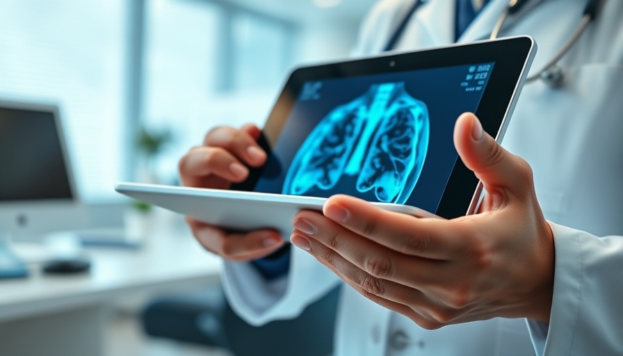 Doctor using health tech on tablet for lung scan, highlighting NHS 10 year plan.