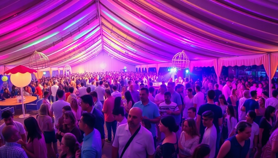 Vibrant night gathering with colorful lighting under a large tent.