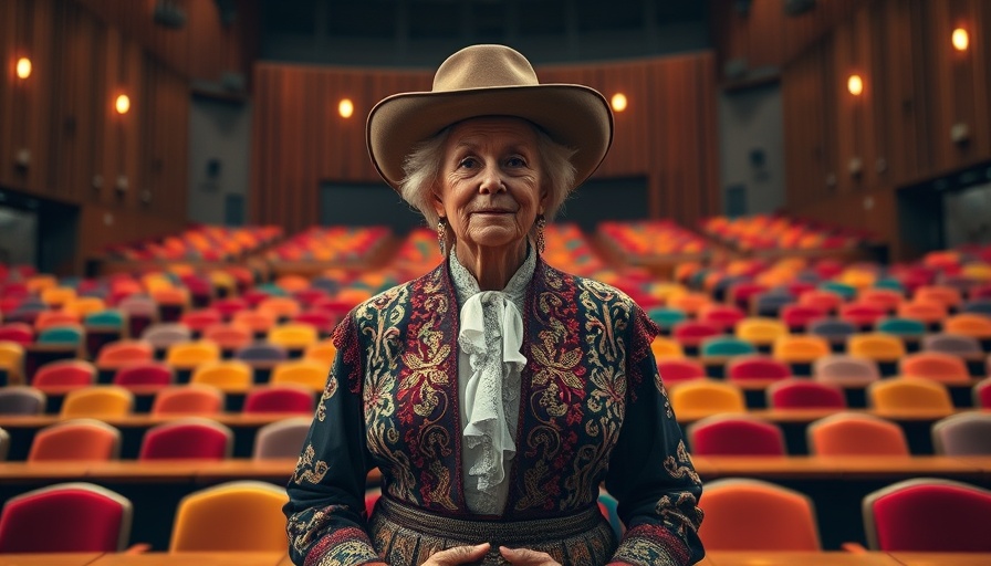 Older woman in western attire in auditorium, autism spectrum support.