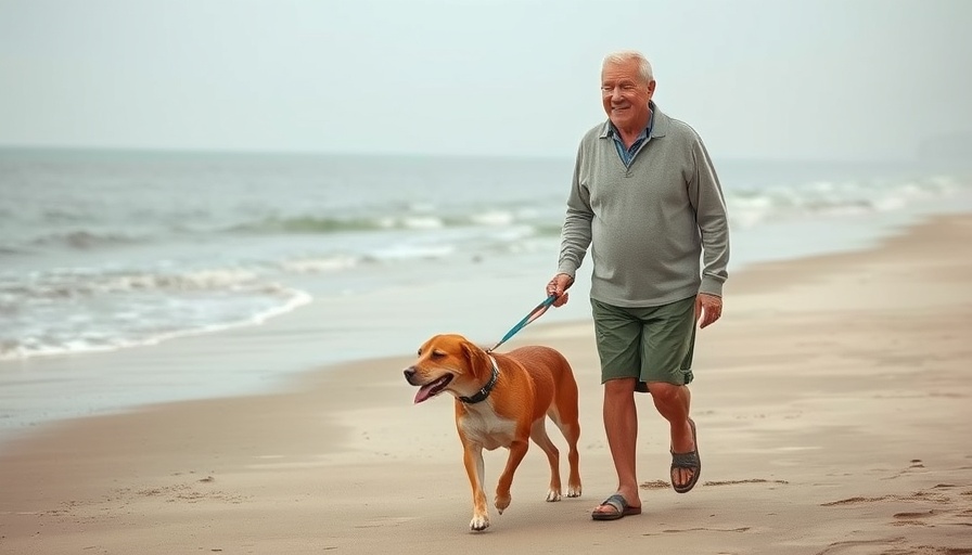 Elderly man walking dog on beach aiding cognitive health.