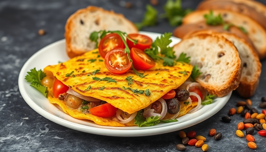 Colorful omelette with vegetables and salad; eating eggs reduces Alzheimer's risk.