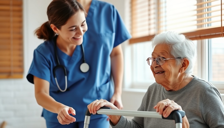 Assisted living safety measures in Massachusetts, warm scene with nurse aiding elderly woman using walker.