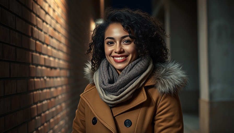 Smiling young woman in coat on nighttime street, alternative health care examples Muskegon