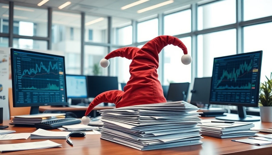 Office desk with financial reports and jester's hat, highlighting Amcon Distributing EPS drop.