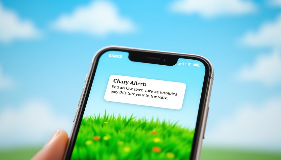 Lawn care app notification on smartphone screen with green lawn image.