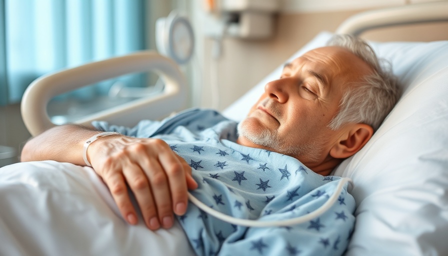 Elderly patient in bed with IV in hospital setting.