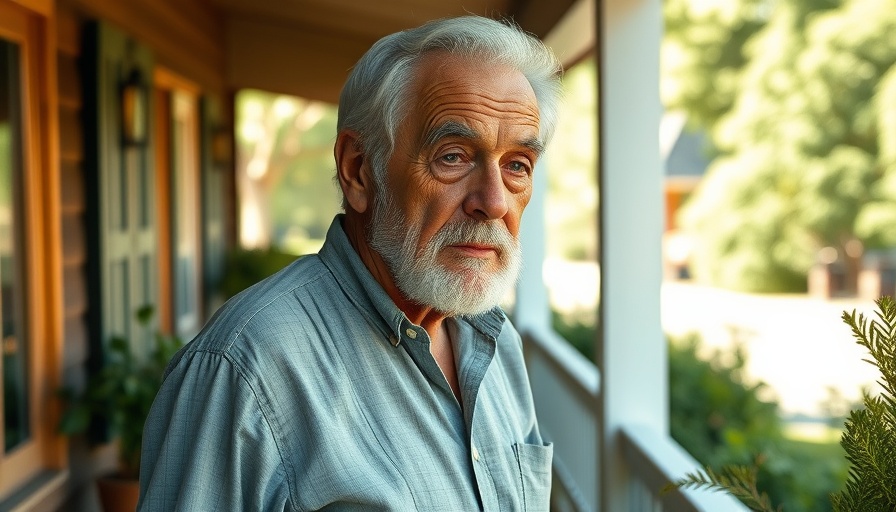 Elderly man's thoughtful pose on porch, Alzheimer's patient safety concerns.