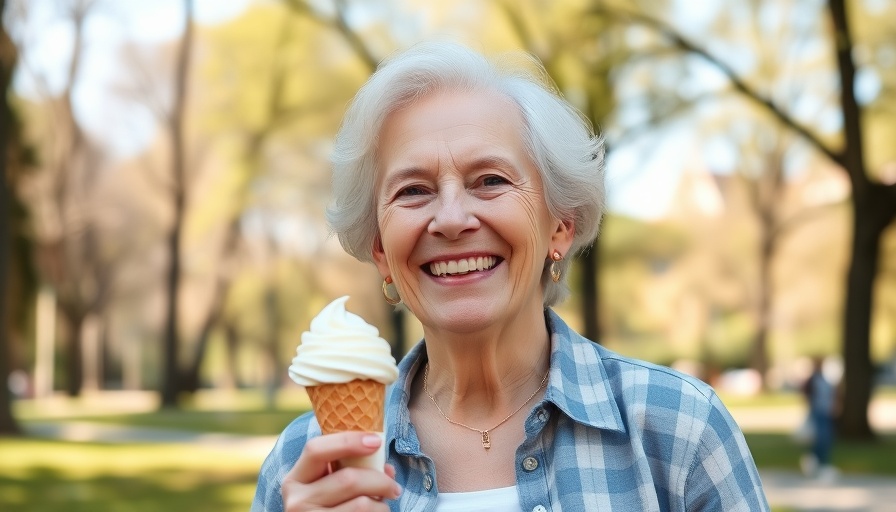 Older woman enjoying ice cream in a sunny park, Alzheimer's support resources Muskegon.