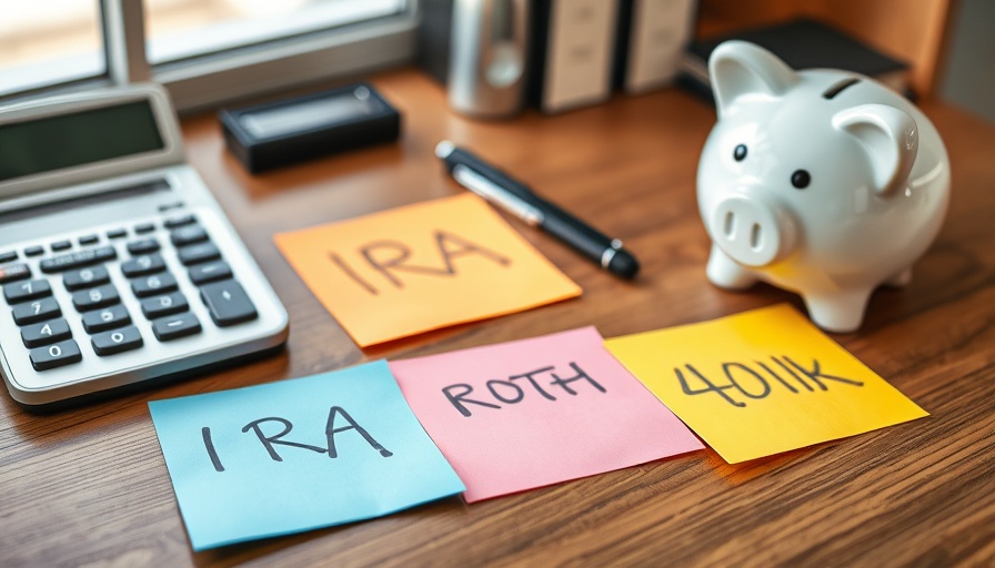 Sticky notes for IRA, ROTH, 401k with piggy bank on desk.
