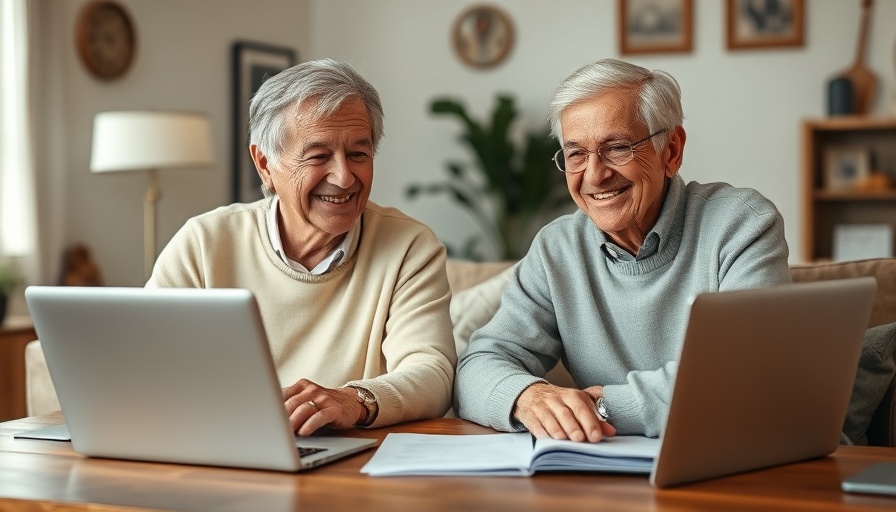 Happy couple planning retirement basics for boomers, using laptop.