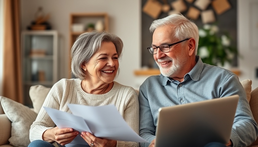 Senior couple planning retirement together on laptop at home.