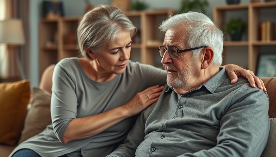 Elderly woman comforts elderly man, Predicted Alzheimer’s disease patterns, living room.