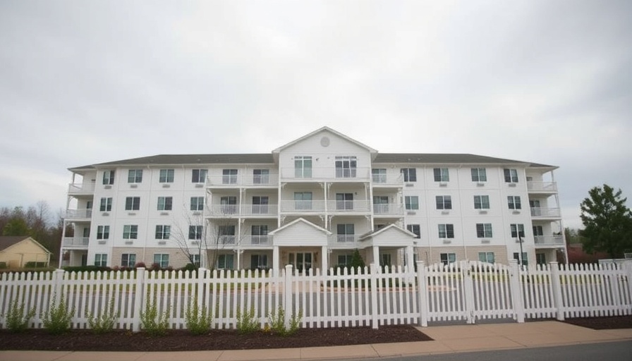 Assisted living facility with sign in Massachusetts, cloudy day