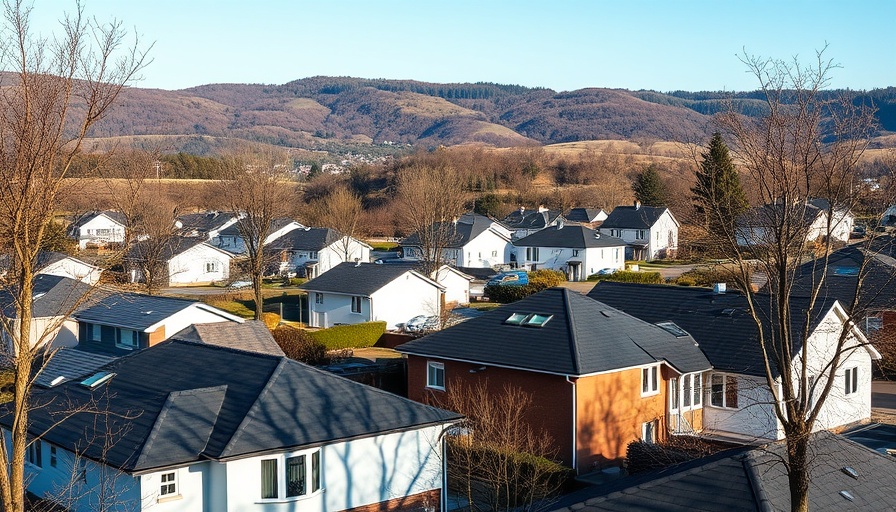 Scenic suburban neighborhood in California's hilly landscape, winter setting.